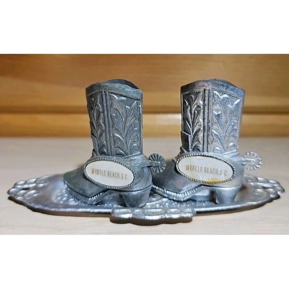 Vintage Myrtle Beach Metal Silver Cowboy Boots Salt and Pepper Shaker Made Japan